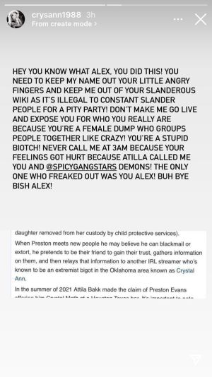 The racist and over weight loser known as Crystal Ann attempting to bully or intimidate Alex into deleting Preston’s wiki. Obviously she failed (just as she’s failed at everything else in her life).